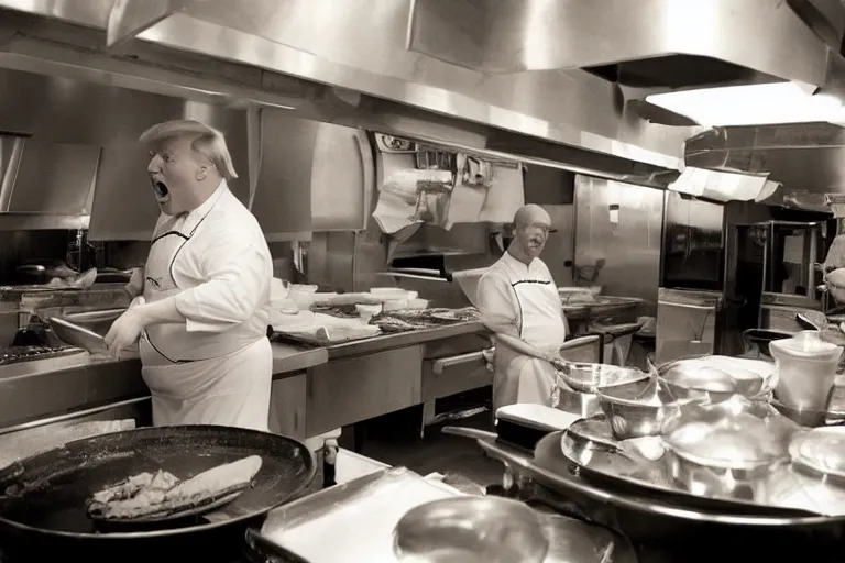 Prompt: high quality photo of fat Donald Trump working as a cook at a diner. He he is cooking on a griddle. He is yelling and making a mess. Food is going everywhere. Dimly lit