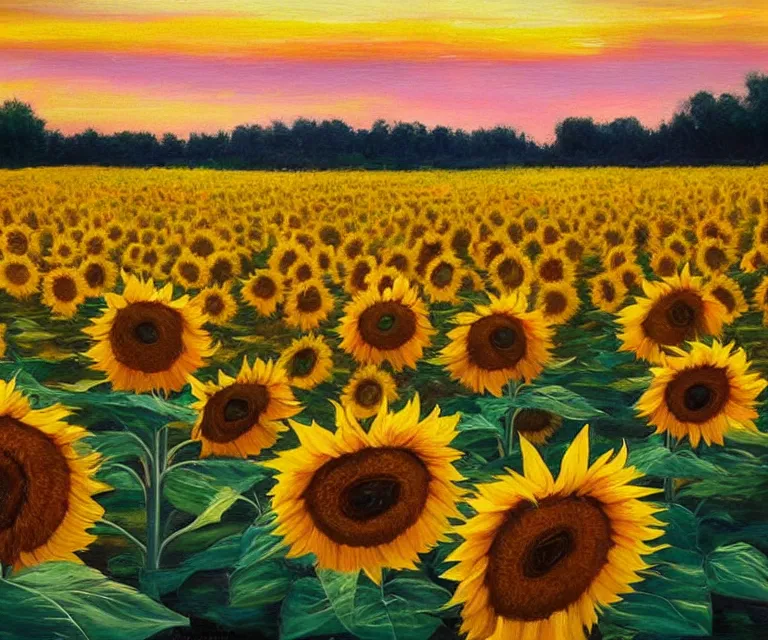 Image similar to sunflowers, william henrits, hovik zohraybyan, oil painting, bright colors, pink skies, sunrise, peaceful, serene, joy