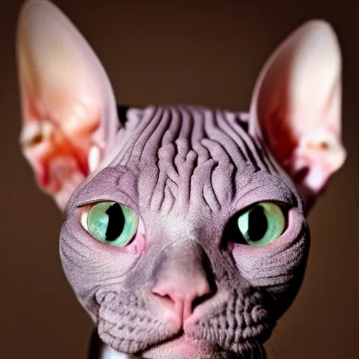 Prompt: Sphynx cat, hairless cat, cuddly, cute, adorable, wrinkly, smooth, award-winning photography