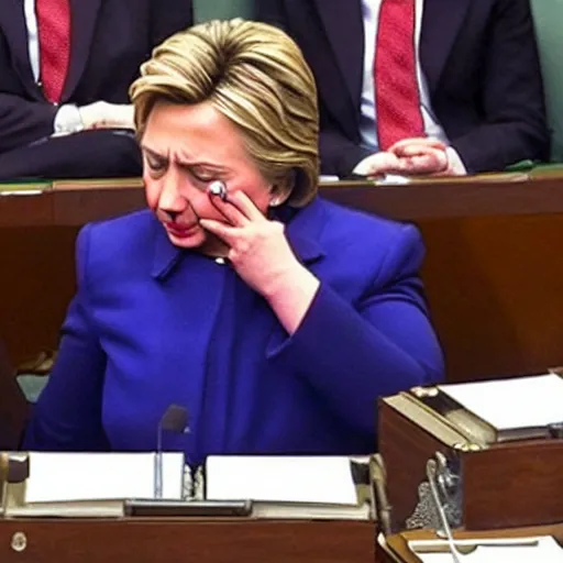 Image similar to hillary clinton crying in parliament very realistic picture