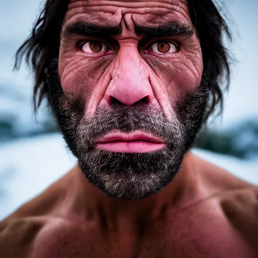 Image similar to Photo portrait Joe Rogan as a wax neanderthal cave man exaggerated brow stoic savage in frozen in ice face closeup background dramatic lighting 85mm lens by Steve McCurry