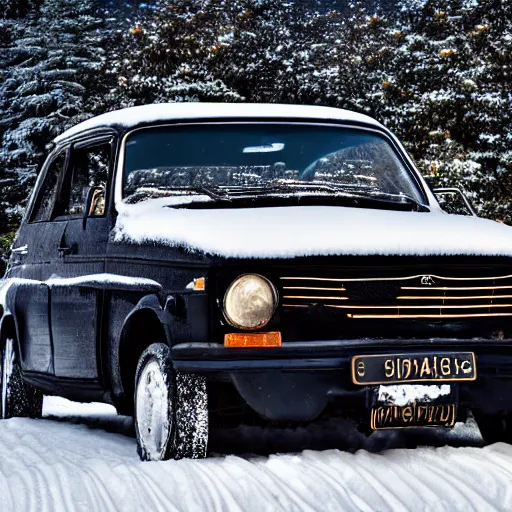 Image similar to a black lada in the snowy mountains, ptomotional photograph, natural, hdr, golden hour