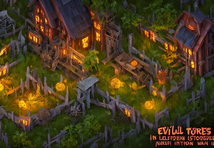 Prompt: evil forest halloween themed isometric game level, with detailed wood, ambient lighting, toon shader, arnold maya render, artstation by miha rinne