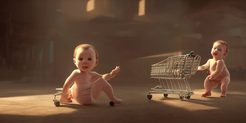 Image similar to baby in diapers with a shopping cart, dim volumetric lighting, 8 k octane beautifully detailed render, post - processing, extremely hyper - detailed, intricate, epic composition, cinematic lighting, masterpiece, trending on artstation, detailed detailed detailed, masterpiece, stunning art, wonderful masterpiece, beautiful cinematic light