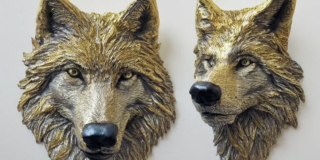 Image similar to gorgeous wolf statue portrait with gold filigree