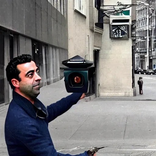 Image similar to surveillance camera footage of xavi hernandez on the street holding a pigeon