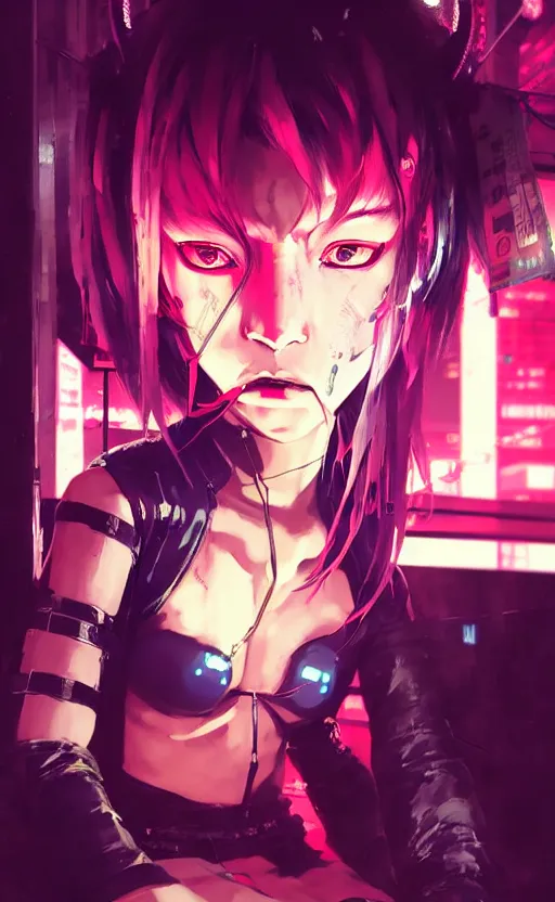 Image similar to cyberpunk anime girl sit in a night bar, cyberpunk oni mask, 3 / 4 shot, street night, beautiful face, grafity, arcane, action, detail, good face, pose model, concept art, in style of yoji shinkawa, pan ren wei, col price, atey ghailan, by greg rutkowski, aesthetic, digital painting