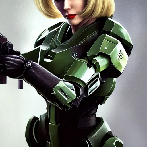 Image similar to A combination of Ada Wong's and Grace Kelly's and Katheryn Winnick's appearances with blonde hair wearing Master Chief's armor from Halo, high tech, action shot, angular, full body portrait, futuristic, dramatic, fantasy, intricate, elegant, highly detailed, digital painting, artstation, concept art, matte, sharp focus, illustration, 8K, art by Donato Giancola and James Gurney