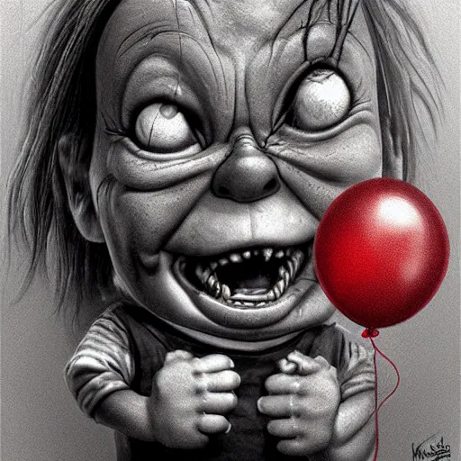 Image similar to surrealism grunge cartoon portrait sketch of chucky with a wide smile and a red balloon by - michael karcz, loony toons style, the conjuring style, horror theme, detailed, elegant, intricate