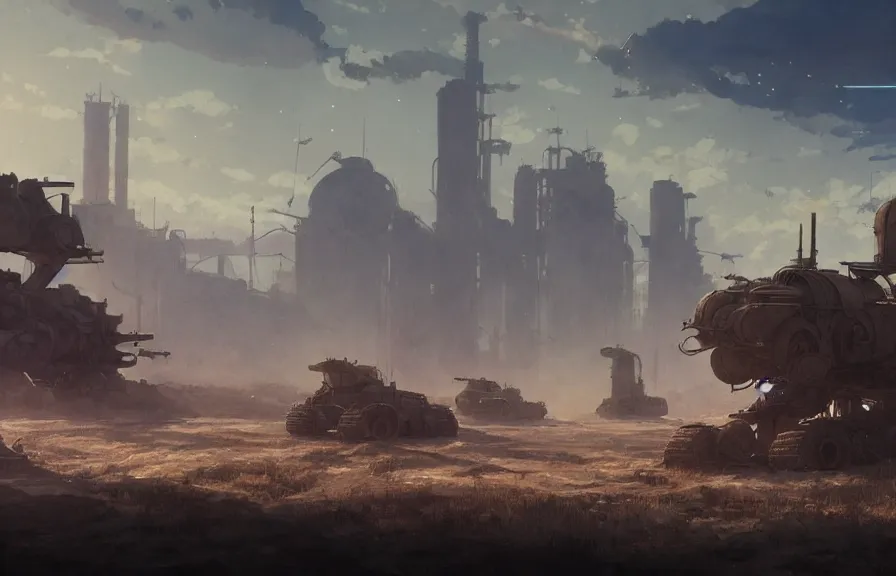 Image similar to concept art of a dusty field with ruined dieselpunk orcish tanks in the background, bomb craters, smoke, key visual, ambient lighting, highly detailed, digital painting, artstation, concept art, sharp focus, by makoto shinkai and akihiko yoshida and hidari and wlop