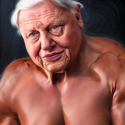 Prompt: David attenborough with the physique of a body builder, hyper realistic, ultra detailed, cinematic, dynamic lighting, photorealistic, refined, intricate, digital art, digital painting, masterpiece, 8k