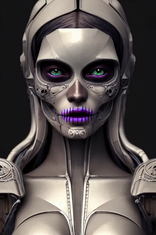 Image similar to ultra detailed Female Android, scifi, fantasy, octane render, (dia de los muertos), intricate details, asymmetrical, movie still, concept art, smooth, Unreal Engine 5, Photorealism, 8k, cinema 4d, 3D, art by artgerm and Godmachine and michael welan and DZO and greg rutkowski and alphonse mucha and loish and WLOP