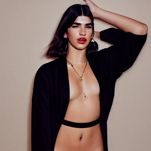 Image similar to dua lipa wearing black robe and golden necklace cinematic photoshoot high quality highly affordable photo realistic 8 k hd