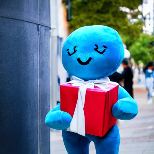 Image similar to blue'snappy gifts'human - sized plush doll, on sidewalk, giving gifts to people, happy atmosphere, high detail, soft lighting, 8 k