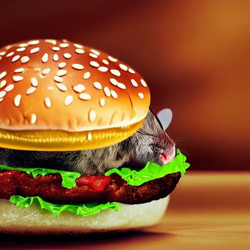 Image similar to a realistic image of a mouse on top of a hamburger, hyper realistic, macro photo, very detailed