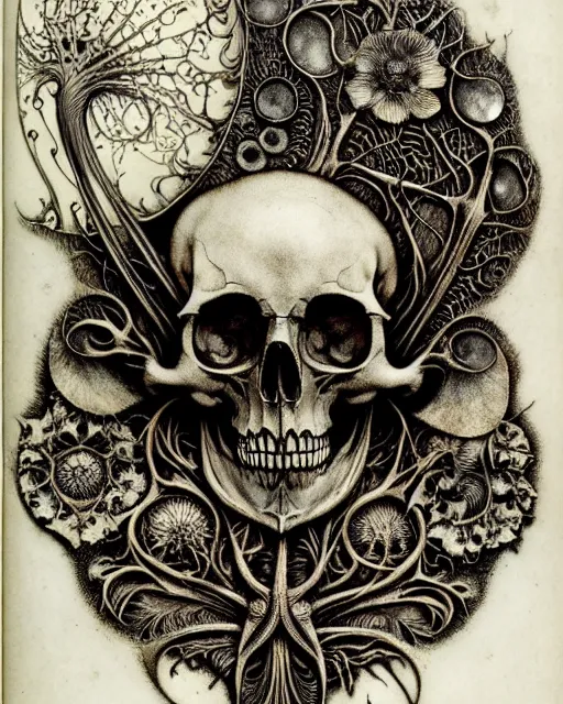 Image similar to memento mori by arthur rackham, art forms of nature by ernst haeckel, exquisitely detailed, art nouveau, gothic, ornately carved beautiful skull dominant, intricately carved antique bone, art nouveau botanicals, ornamental bone carvings, art forms of nature by ernst haeckel, horizontal symmetry, arthur rackham, ernst haeckel