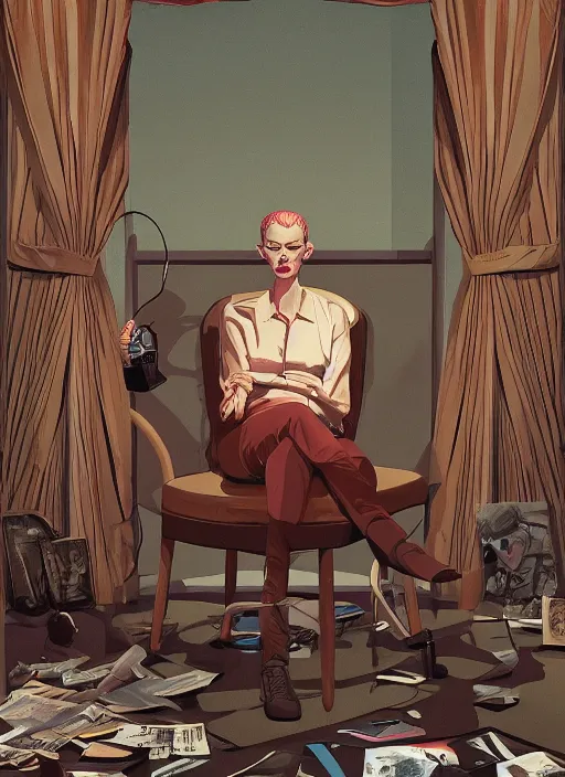 Prompt: Twin Peaks poster artwork by Michael Whelan, Bob Larkin and Tomer Hanuka, Karol Bak of portrait of radio host Tilda Swinton lounging in her radio sound booth, alone, late at night, from scene from Twin Peaks, simple illustration, domestic, nostalgic, from scene from Twin Peaks, clean, cover of New Yorker magazine