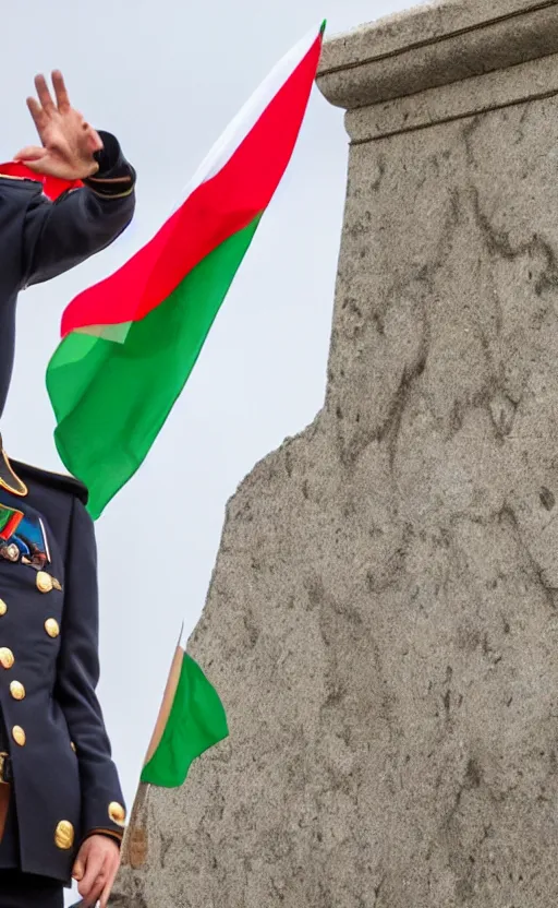 Prompt: alex turner waving the bulgarian flag at the shipka monument, realistic, dslr, 8 k