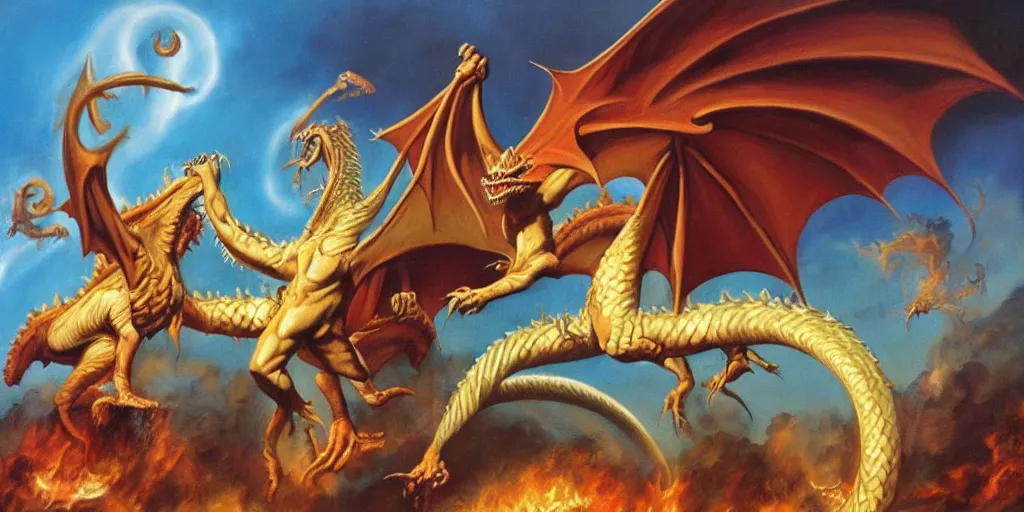 Image similar to boris Vallejo painting of a dragon and a witch