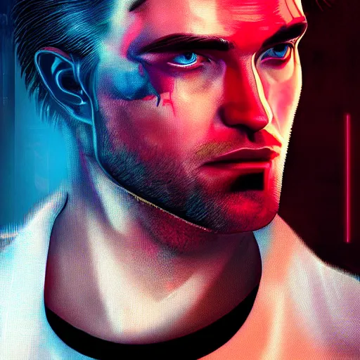 Image similar to robert pattinson portrait, Cyberpunk 2077, cyberpsycho, photorealistic, ultra detailed, neon, octane, bokeh, cyber, feature, scars, cyberface, robot, 8k