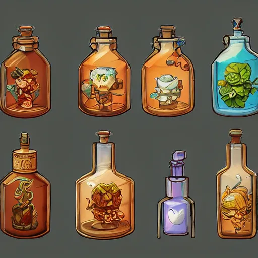 Prompt: 2 d art assets, potion bottles of various colors, smoky liquid inside, pixel art 6 4 bit, intricate details, art by artgerm and ross tran