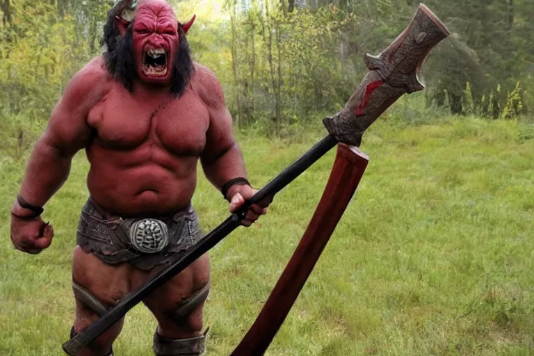 Image similar to a red - skinned orc holding a large battleaxe