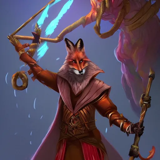 Image similar to the fox magician cast a thunder spell with his staff, artstation