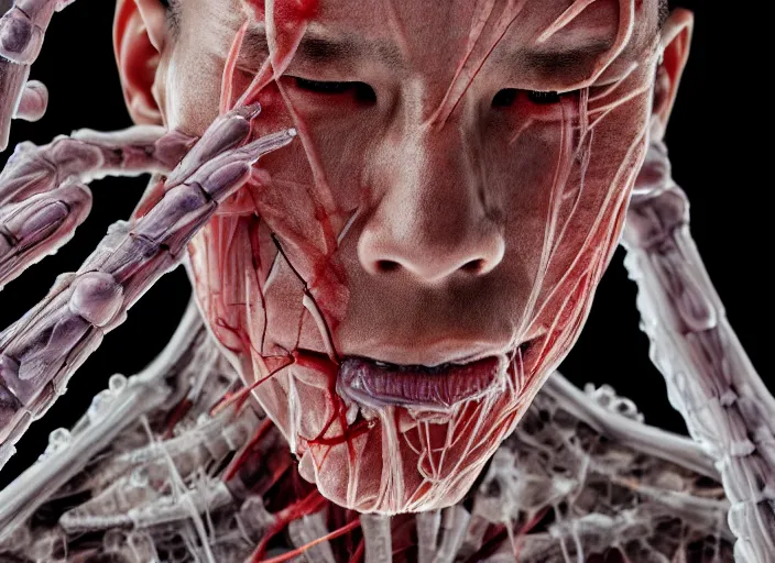 Image similar to mid shot portrait of samurai in battle, transparent skin, bones, muscle, veins, nerves, in the style of david cronenberg, high fashion, id magazine, realistic, sharp focus, 8 k high definition, film photography, photo realistic, insanely detailed, by david kostic and stanley lau and artgerm