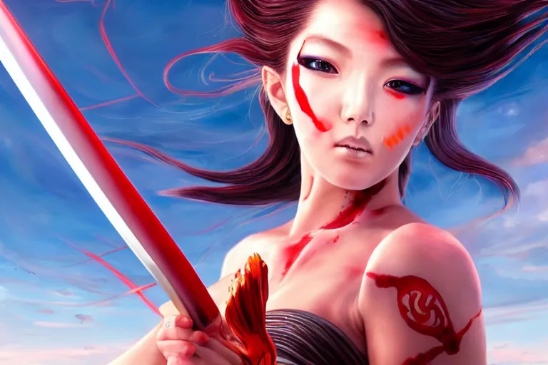 Prompt: beautiful girl holding a ego sword with red eye imprint at the top of clouds, extremely detailed and beautiful aesthetic face, seductive pose, super detailed eyes, highly detailed, digital painting, highlight scene of the movie, smooth, illustration, unreal engine 5, 8 k, art by hiroaki samura and jiro matsumoto and yusuke murata