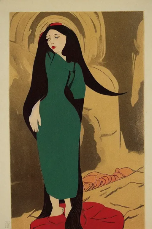 Image similar to young woman with long dark hair, serious look, peasant dress, soviet propaganda art