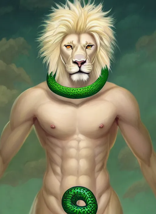 Image similar to aesthetic portrait commission of a of a male fully furry muscular anthro albino lion with a tail and a beautiful attractive hyperdetailed face with a pet green snake curling around his neck, wearing stylish and creative wearing mint outfit made out of silk in a sci-fi dystopian city at golden hour while it storms in the background. Character design by charlie bowater, ross tran, artgerm, and makoto shinkai, detailed, inked, western comic book art, 2021 award winning film poster painting