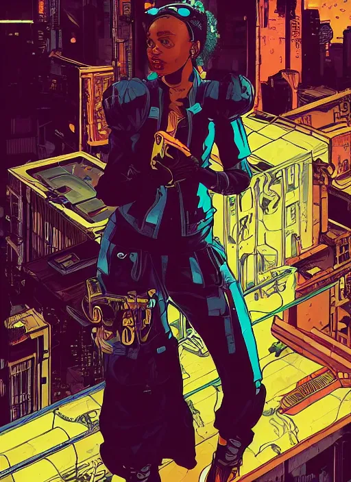 Prompt: selina igwe. cyberpunk mercenary with scenic background. portrait illustration, pop art, art by ashley wood, alphonse mucha, laurie greasley and josan gonzales. cinematic. beautiful lighting.