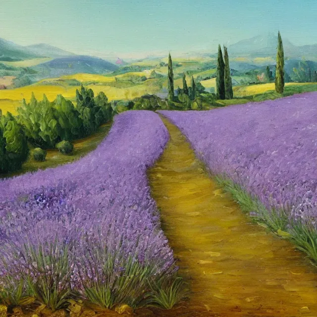 Prompt: lavander field in italian landscape, oil painting