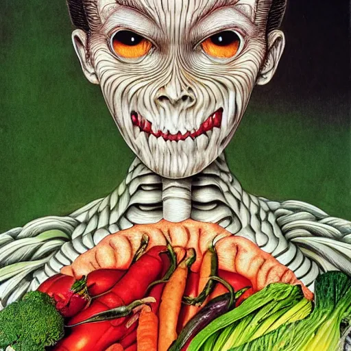 Image similar to a beautiful plate of vegetables, by junji ito, by laurie lipton, by bernie wrightson, masterpiece, stunning, hyper realistic, lots of colours, 8 k