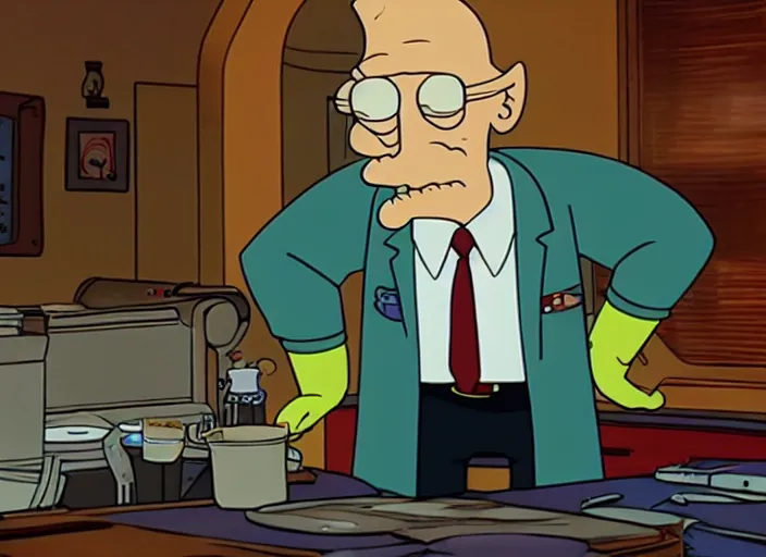 Image similar to film still of real life professor farnsworth in the futurama scifi movie, 4 k