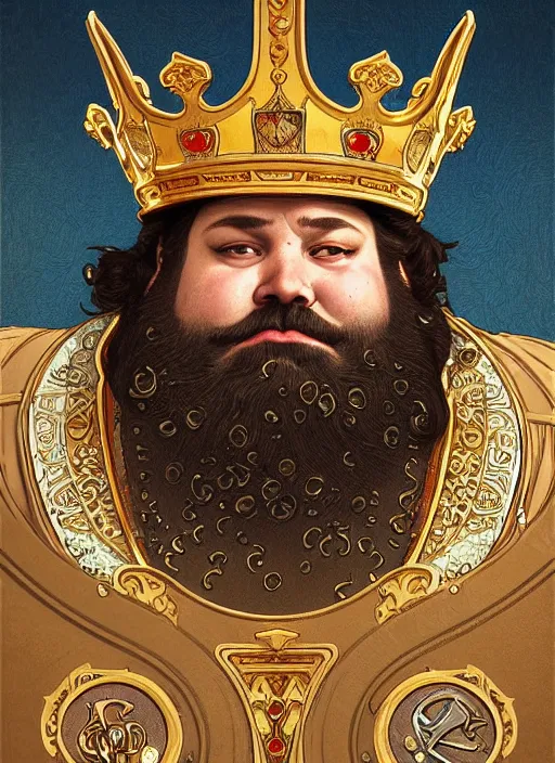 Image similar to close up portrait of the burger king, heavyset middle aged king with big bushy beard, ornate noble robs with jeweled crown by artgerm, cushart krenz, greg rutkowski, mucha. art nouveau. gloomhaven, golden arches logo, pale colors, sharp edges. ultra clear detailed. 8 k. elegant, intricate, octane render