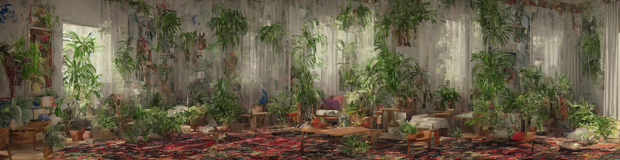 Prompt: 1 9 6 9 living in an older house, hippie pad, hippie chic, antiques, tropical houseplants, beaded curtains, posters on the walls, persian rugs, artstation, v - ray render, 8 k