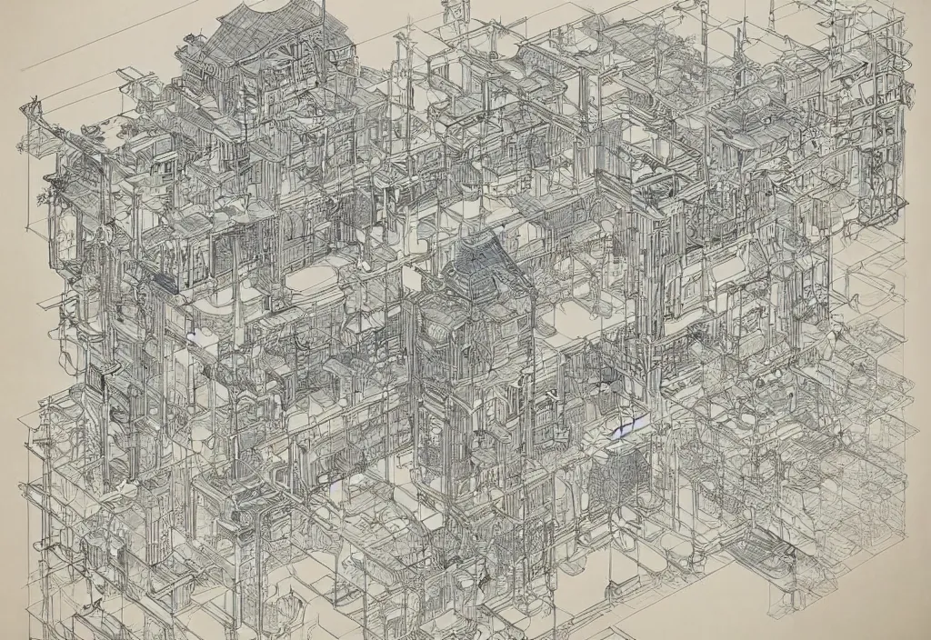 Prompt: an artwork made from layers of technical drawings and architectural plans and blueprints, very detailed and intricate with callout texts, leaders, arrows, with dimensions and titleblocks and section bubbles by kim jung gi and hasui kawase and tomine