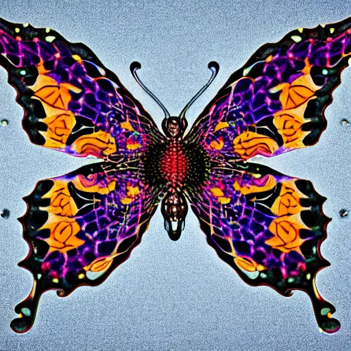 Prompt: full shot photograph of a fractal butterfly, photorealistic photograph cinematic lighting intricate detailed 8 k resolution