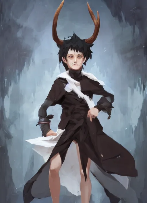 Prompt: concept art painting of an androgynous person with brown skin and short white hair, demon horns, deer ears, full clothing, black clothes, blue robes, detailed, cel shaded, in the style of ruan jia and artgerm and makoto shinkai and james gurney