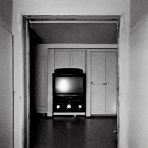 Prompt: Photograph of an old black room with a TV playing an emergency warning, dust in the air, brown wood cabinets, SCP, taken using a film camera with 35mm expired film, bright camera flash enabled, award winning photograph, sleep paralysis demon crabwalking towards camera, creepy, liminal space, in the style of the movie Pulse