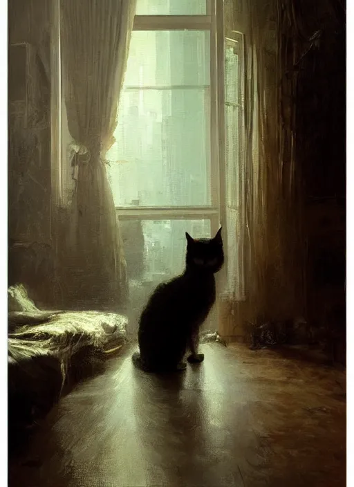 Image similar to a portrait of a cat inside a modern apartment, intricate oil painting, hyperdetailed, ethereal, cinematic, dramatic lighting, by jeremy mann and julius adam ii