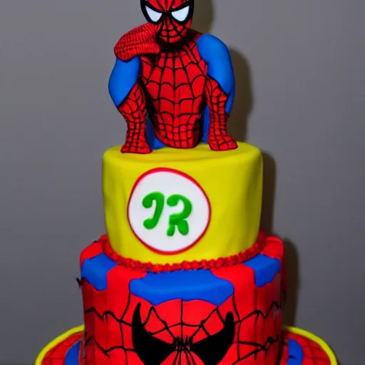 Prompt: a funny picture of a spiderman themed birthday cake, goofy face, 8 k, 4 k, delicious