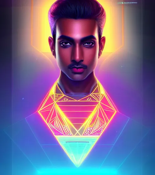 Image similar to symmetry!! indian prince of technology, solid cube of light, hard edges, product render retro - futuristic poster scifi, lasers and neon circuits, brown skin handsome indian prince, intricate, elegant, highly detailed, digital painting, artstation, concept art, smooth, sharp focus, illustration, dreamlike, art by artgerm