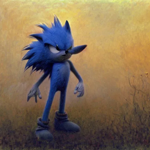 Prompt: gloomy eerie photo of sonic the hedgehog. zdislaw beksinski, yoshitaka amano, creepy, horror, beautiful painting by claude monet 8 k