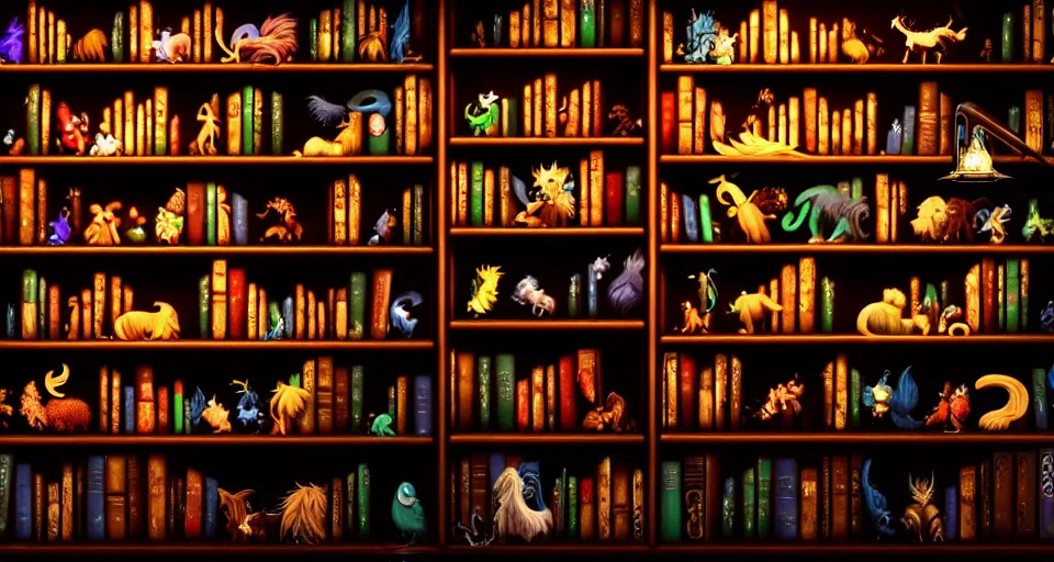 Image similar to a bookshelf of wonderful magical creatures, cinematic lighting, detailed, 4 k