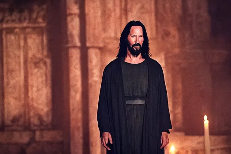 Image similar to promotional image of Keanu Reeves as Jesus Christ in the new movie directed by Christopher Nolan, movie still, promotional image, imax 70 mm footage