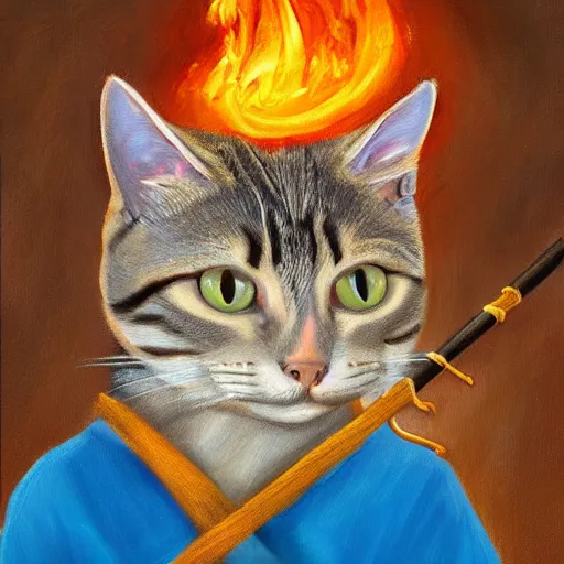 Prompt: An oil painting portrait of a cat wizard wearing blue robes, holding a staff casting a fire spell, digital art