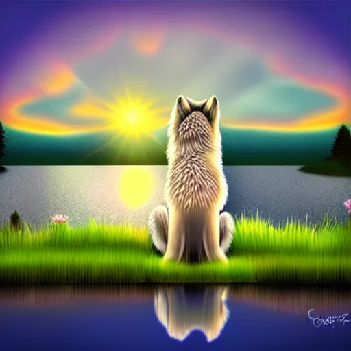 Prompt: view from behind of fluffy baby grey wolf sitting on the shore of a pond, looking out at a sunset, digital art, award winning stunning illustration