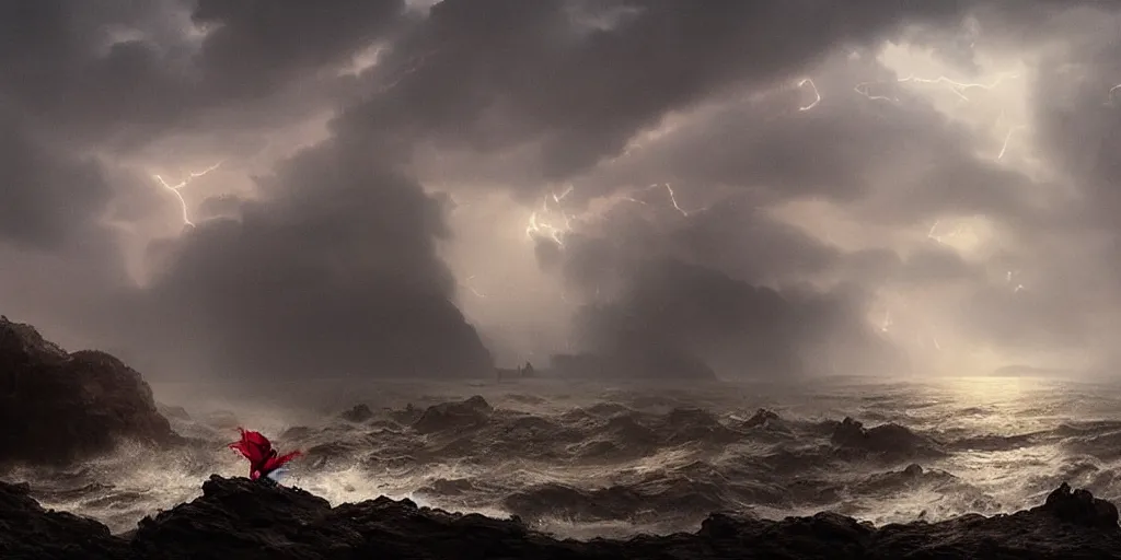 Prompt: “ a roman in a red tunic crawls from the ocean onto a rocky beach ” “ wreckage of a trireme in ocean ” “ stormy seas, lightning, fog, waves ” dark fantasy, cinematic, very detailed, mist, volumetric lighting, golden ratio, vivid, trending on artstation, 4 k matte painting,